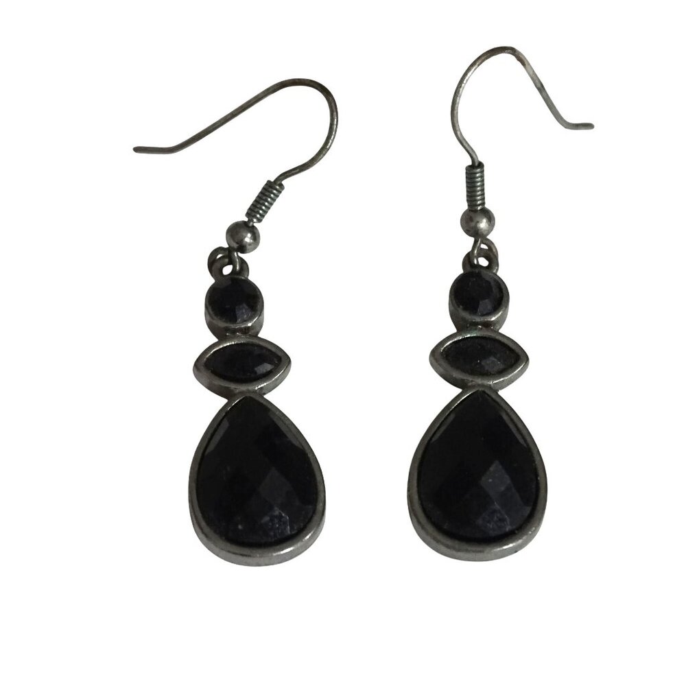 Black and Silver Tone Dangling Hanging Earrings With Faceted Stones  2 inch Drop